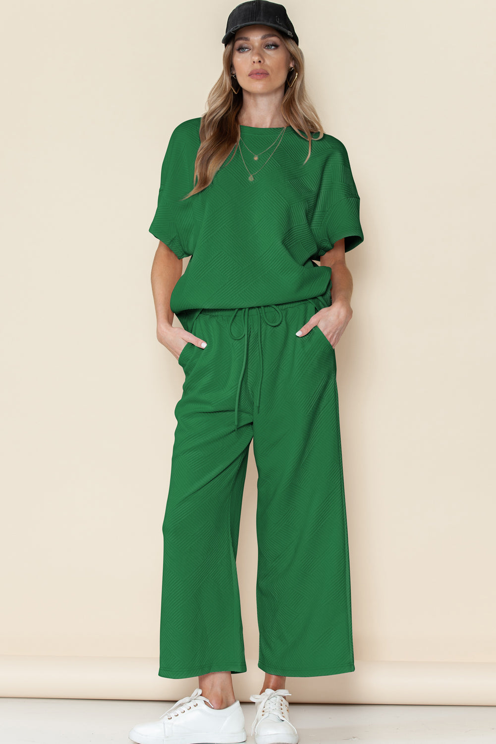 Textured Loose Fit T Shirt and Drawstring Pants Set