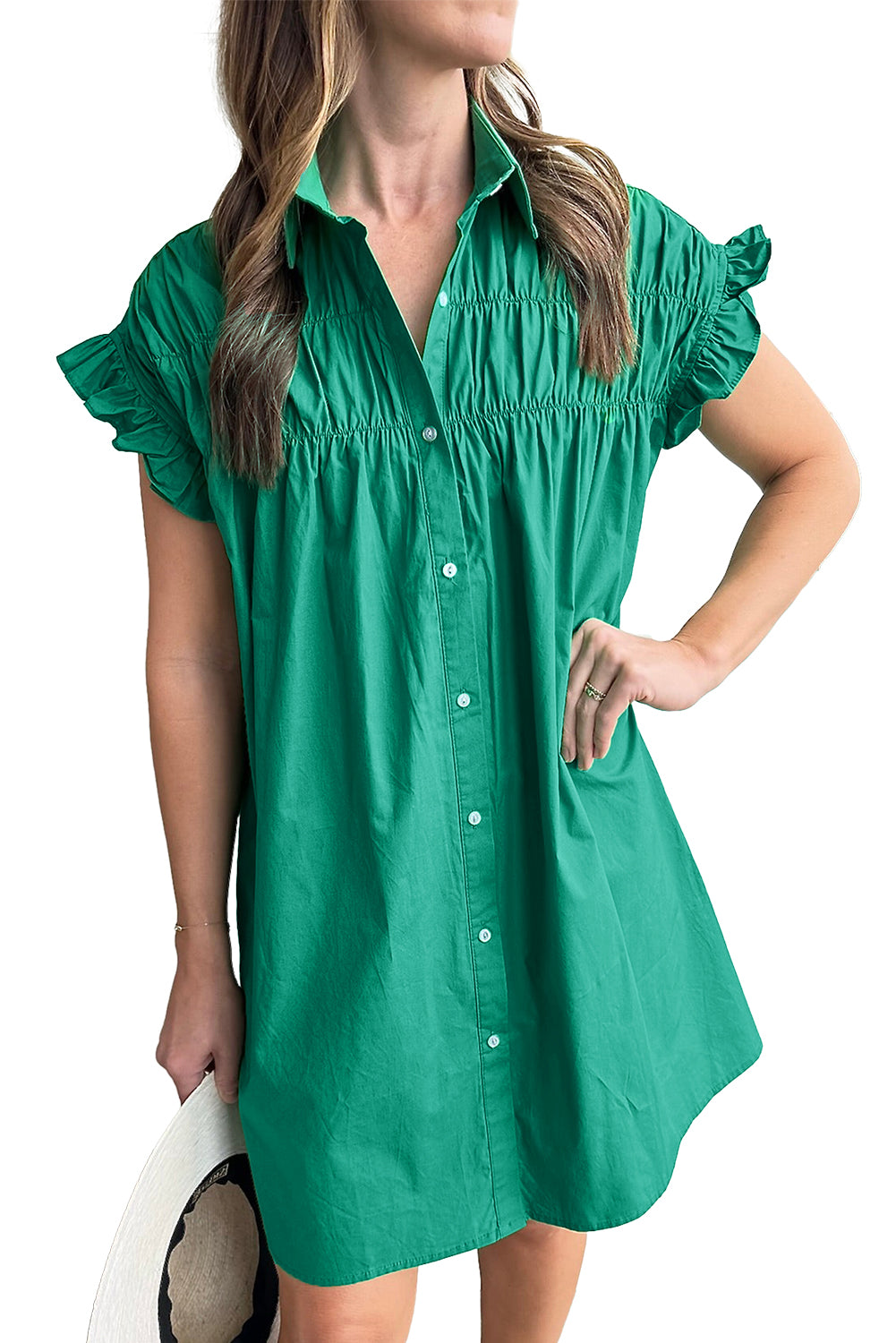 Bright Green Ruffle Sleeve Button Up Shirt Dress