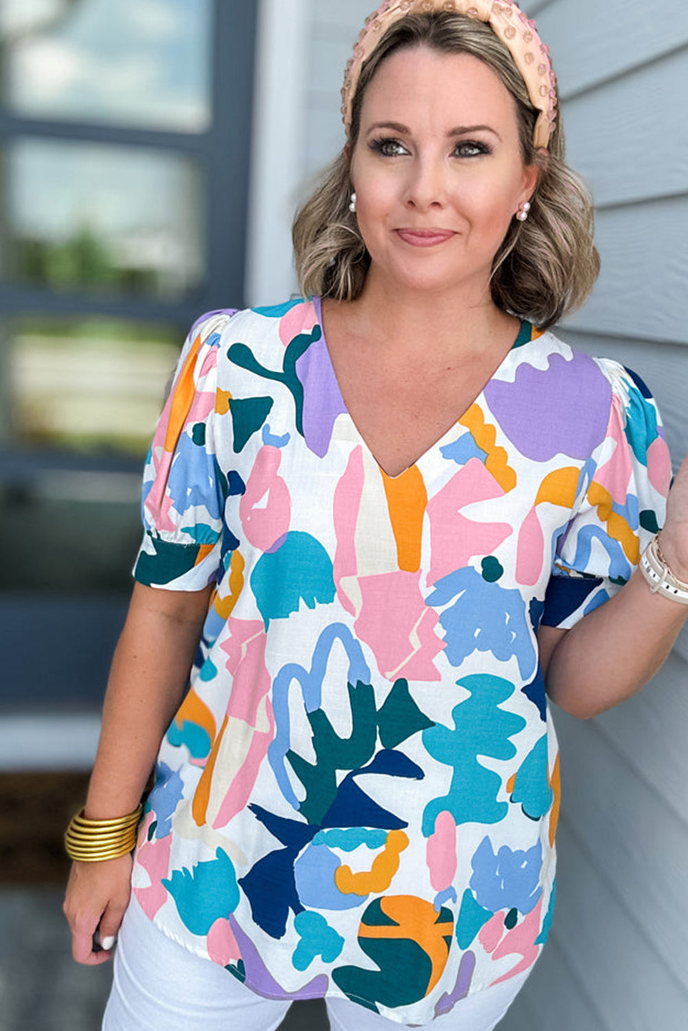 Sky Blue Plus Abstract Print Puff Short Sleeve V Neck Top