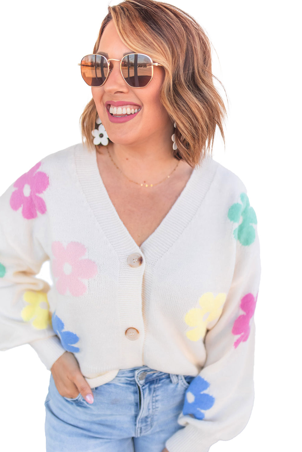 Beige Cute Flower V Neck Buttoned Cardigan