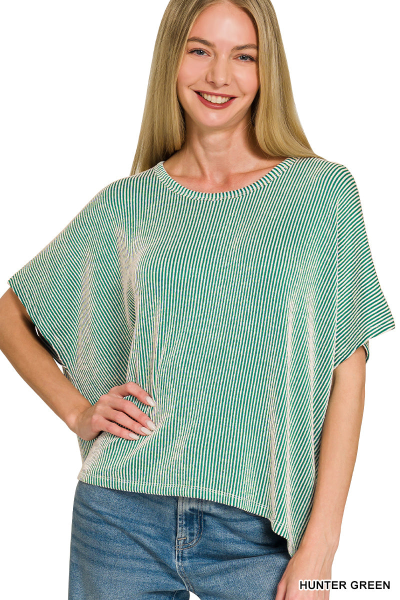 ZENANA RIBBED STRIPED OVERSIZED SHORT SLEEVE TOP