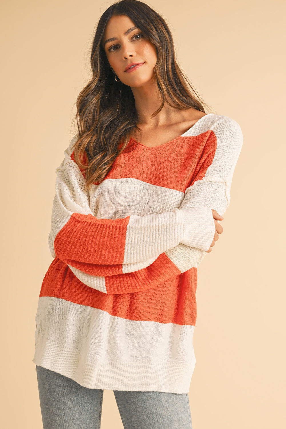 Orange Colorblock V Neck Side Slits Sweater