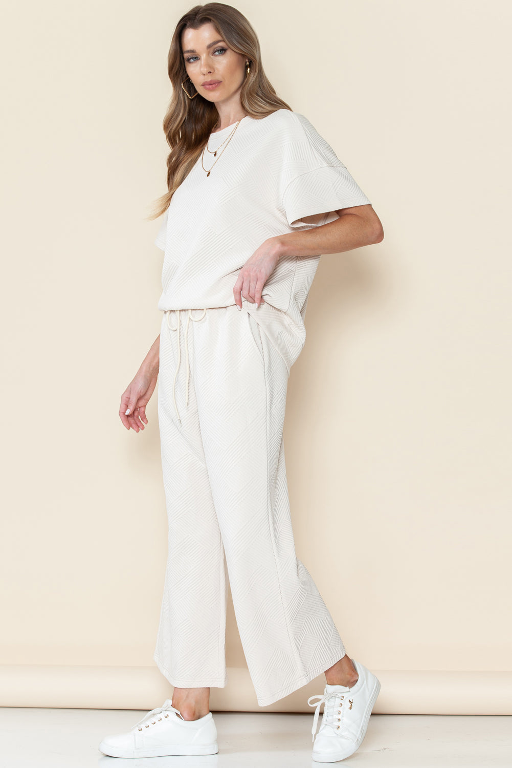 Textured Loose Fit T Shirt and Drawstring Pants Set