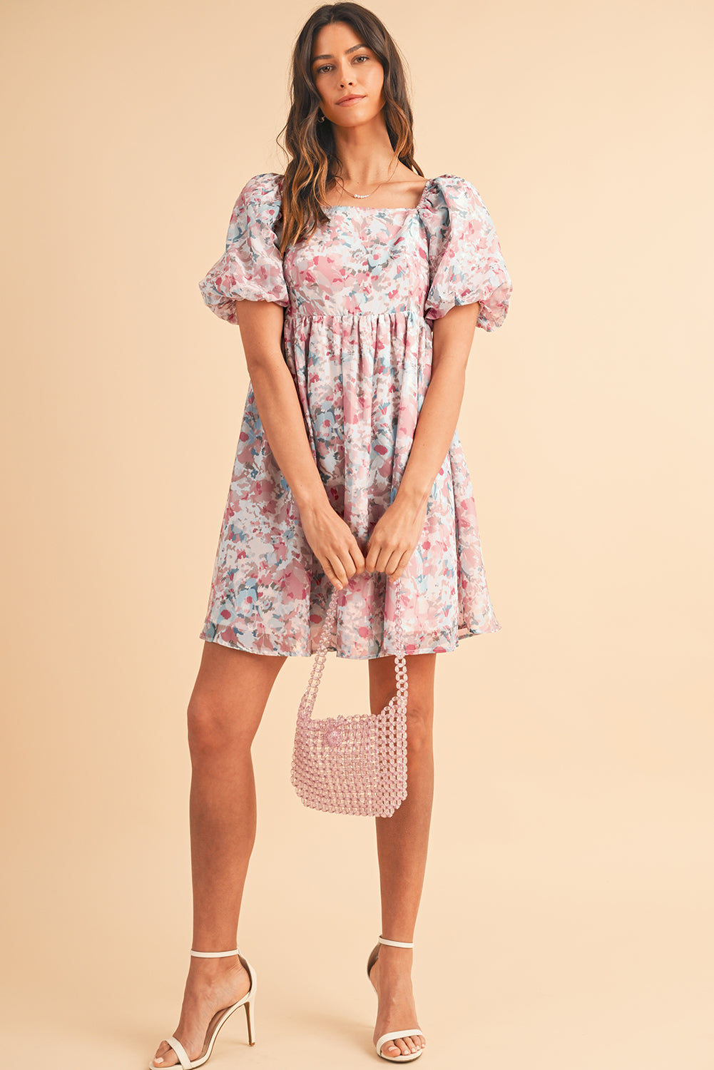 Floral Lantern Sleeve Square Neck Ruffled Mini Dress