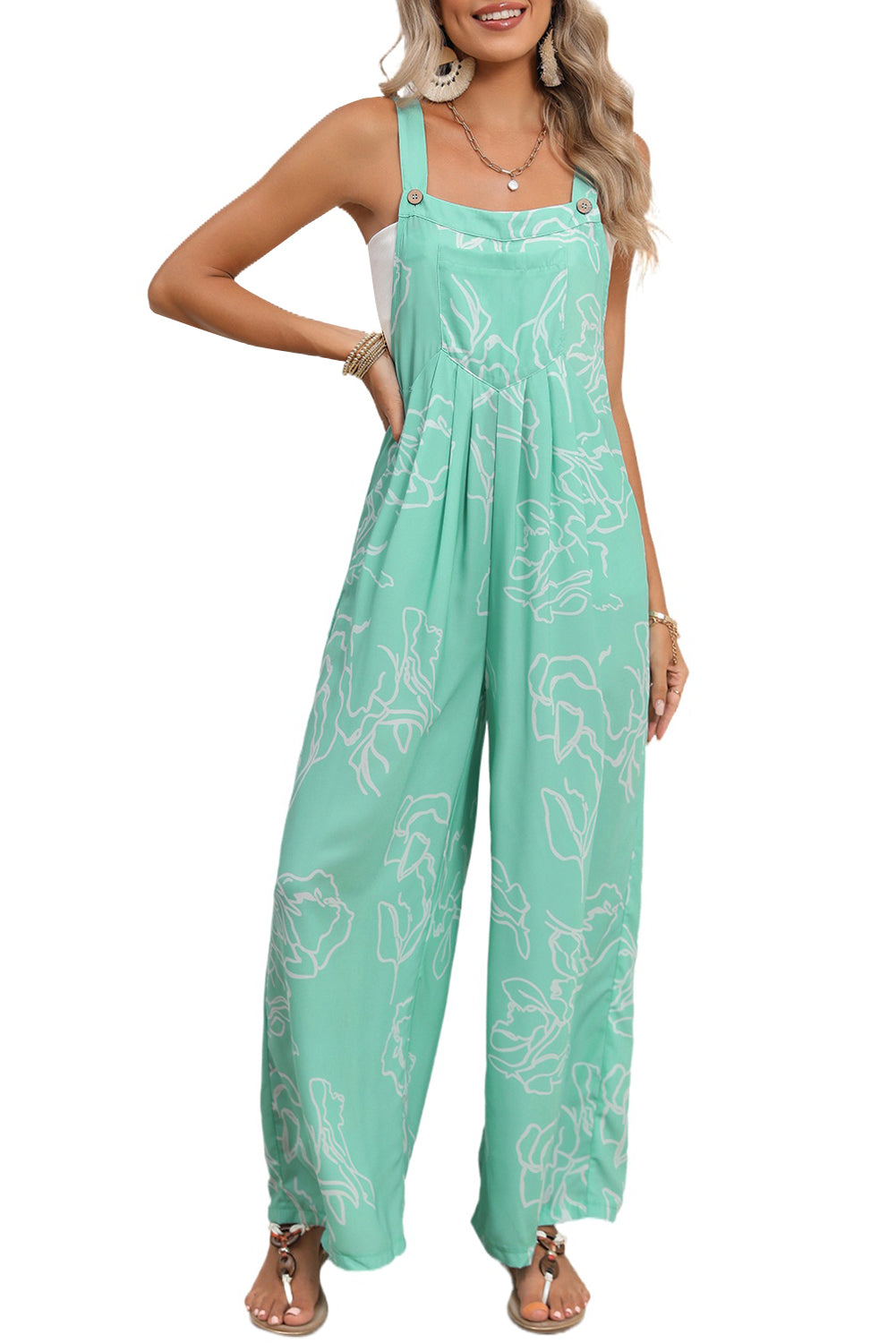 Moonlight Jade Abstract Print Wide Leg Overall