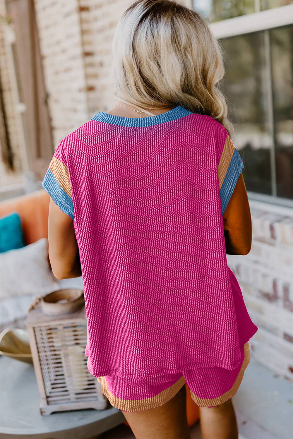 Bright Pink Ribbed Colorblock Plus Shorts Set