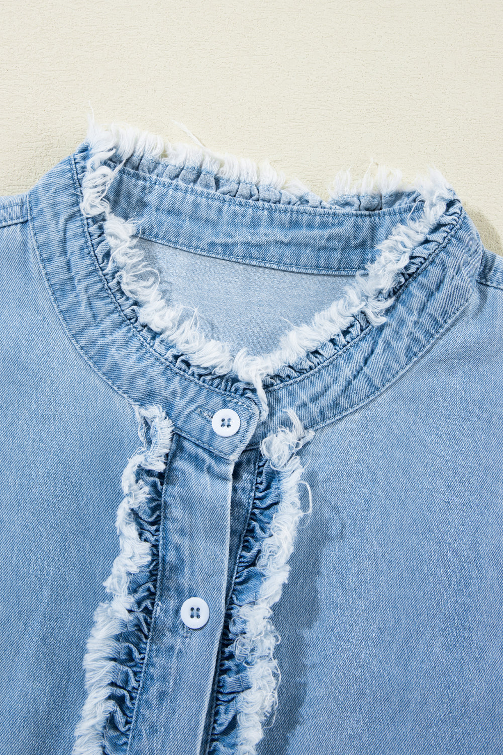 Dusk Blue Ruffled Sleeve Button Up Frayed Plus Size Denim Top