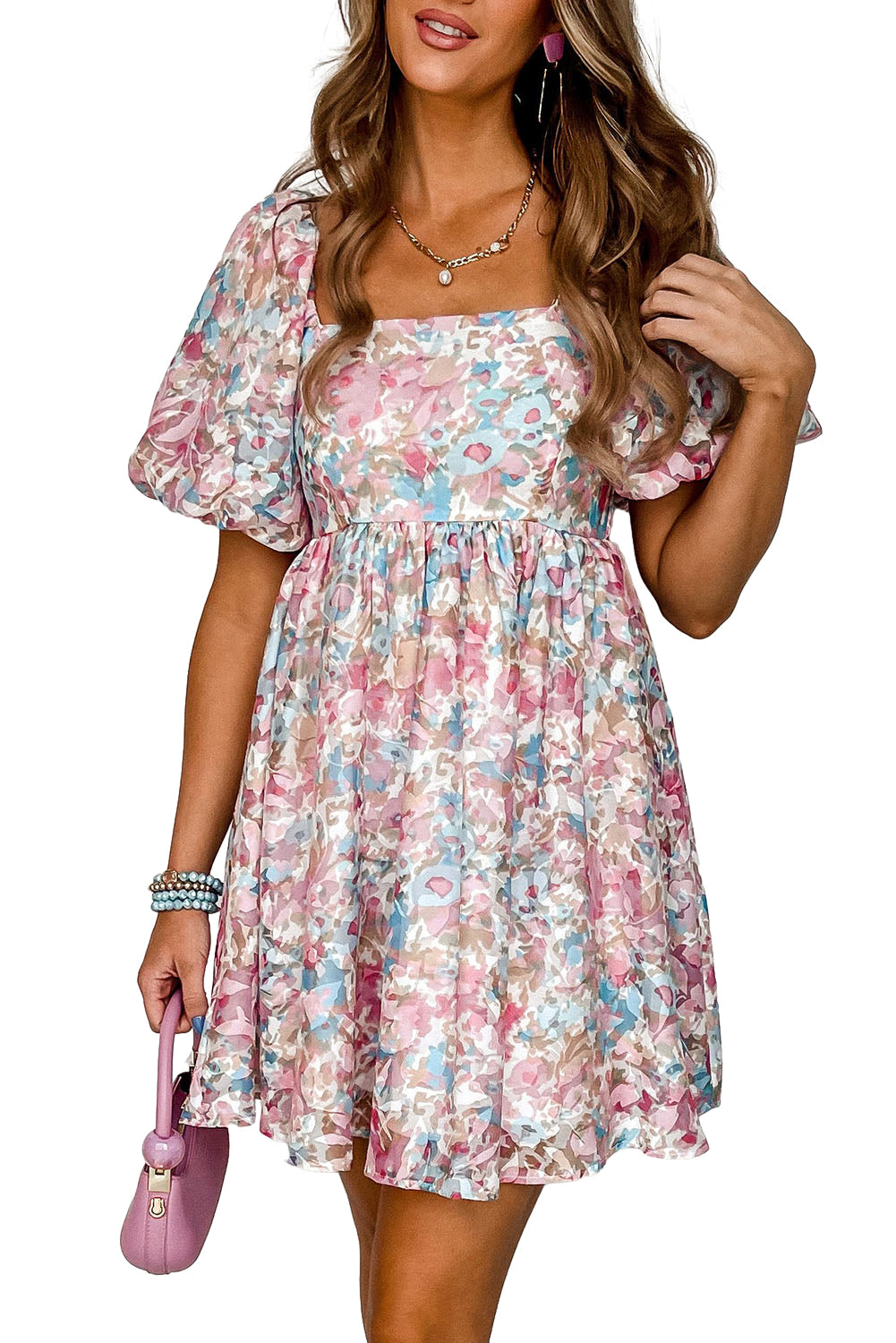 Floral Lantern Sleeve Square Neck Ruffled Mini Dress