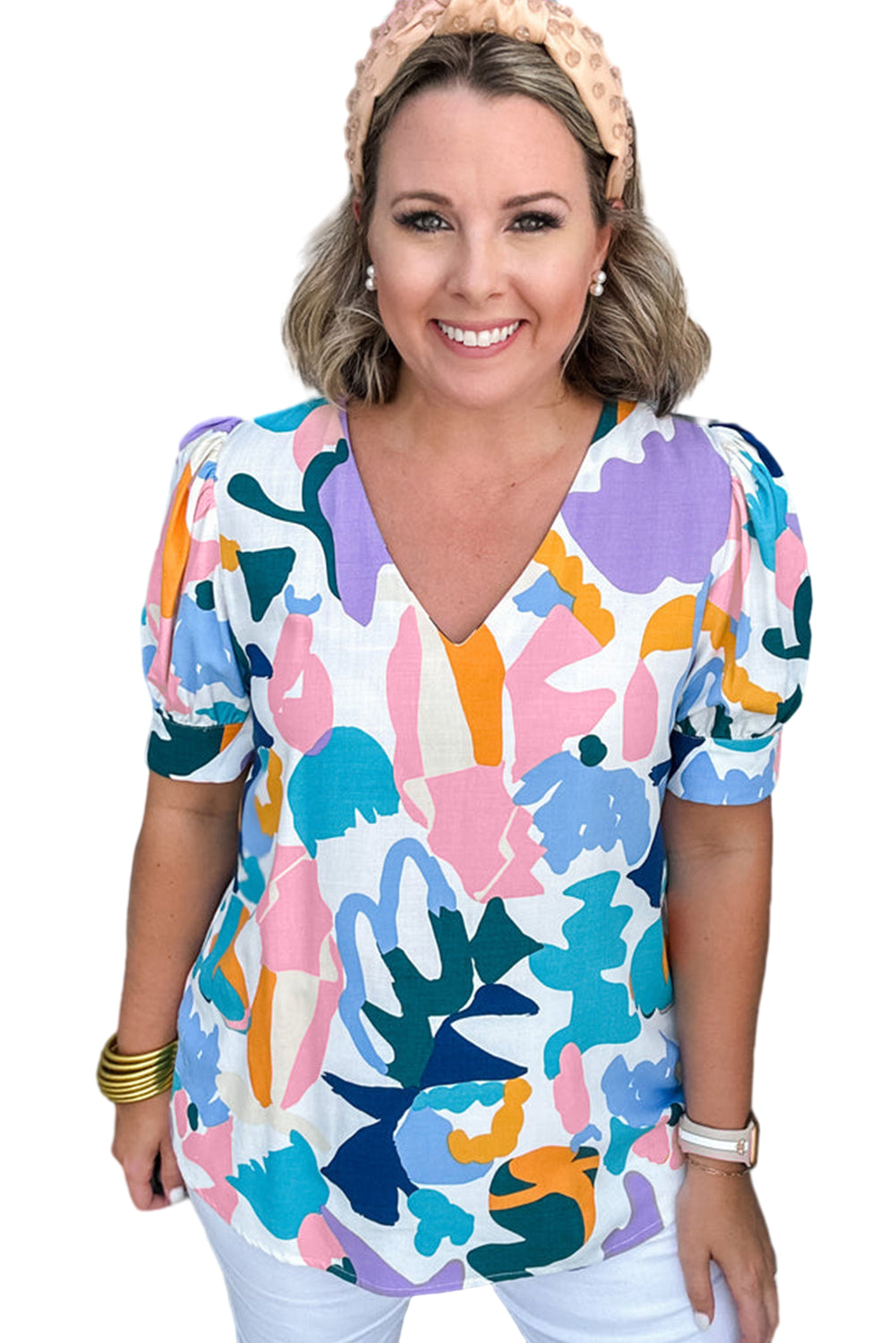 Sky Blue Plus Abstract Print Puff Short Sleeve V Neck Top