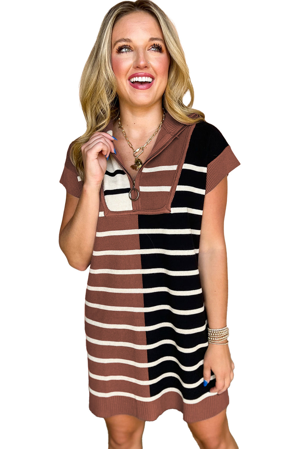 Striped Color Block Short Sleeve Quarter Zip Mini Dress