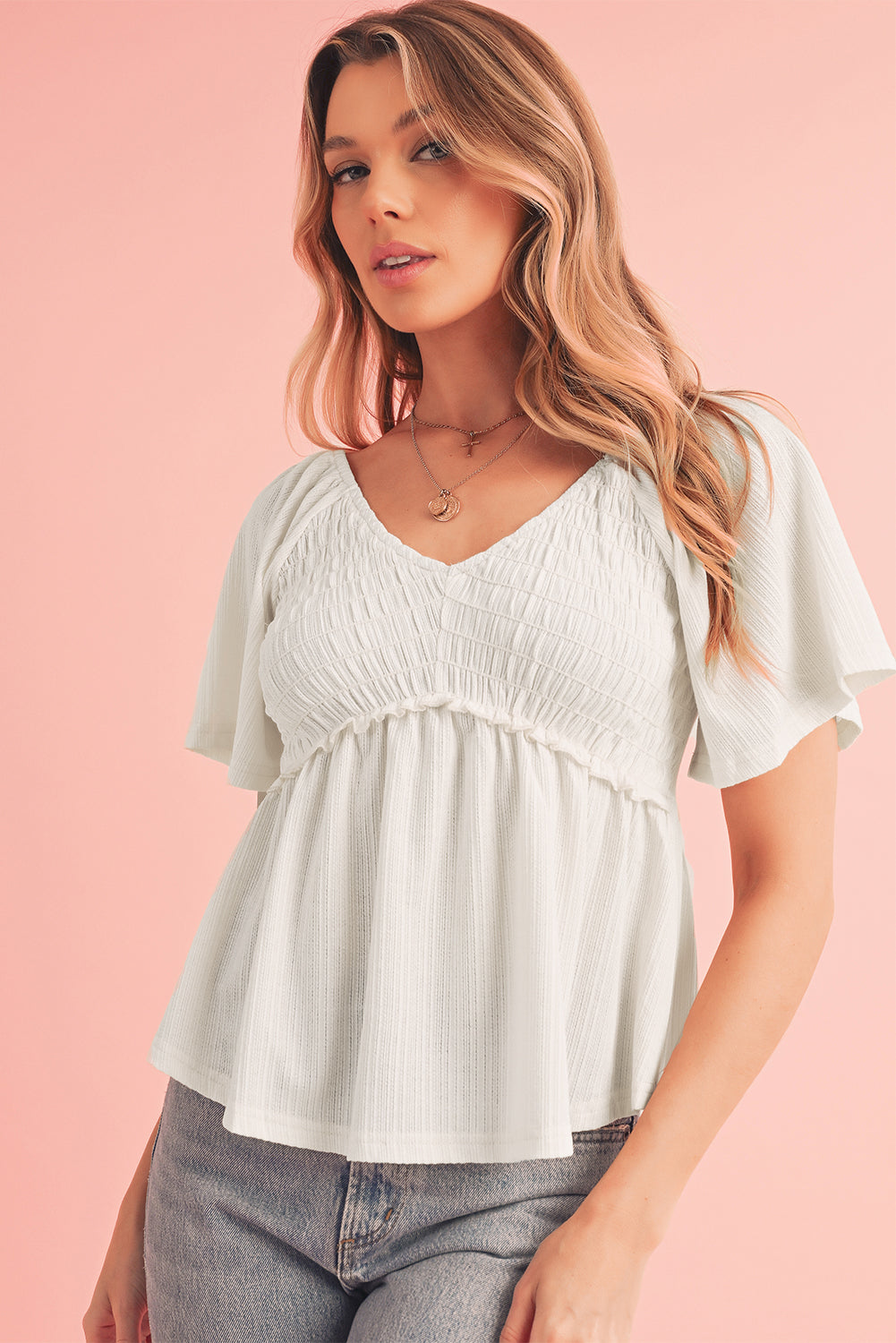 Shirred V Neck Short Flutter Sleeve Textured Blouse