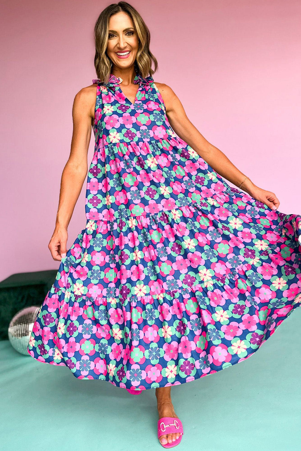 Abstract Print Frill Split Neck Tiered Maxi Dress