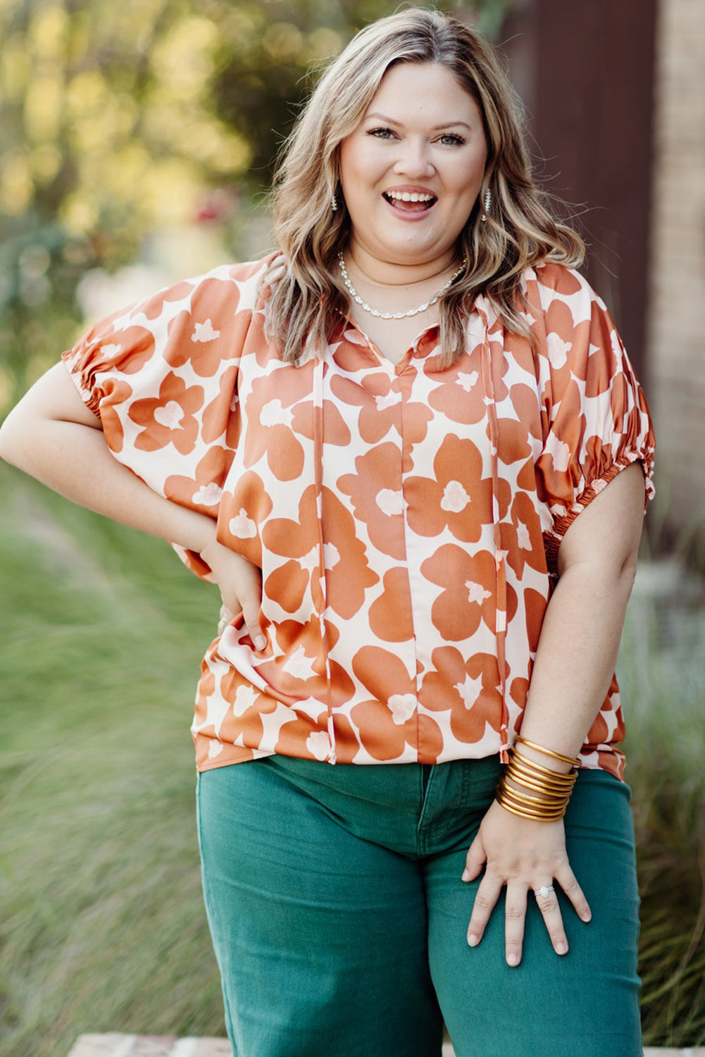 Orange Floral Print Drawstring V Neck Short Sleeve Blouse