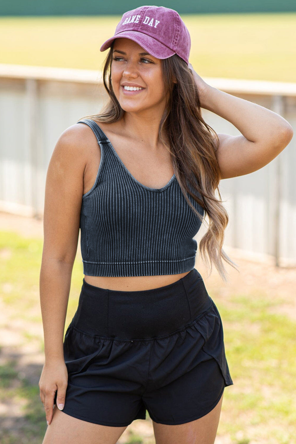 Carbon Grey Mineral Wash V Neck Ribbed Crop Top