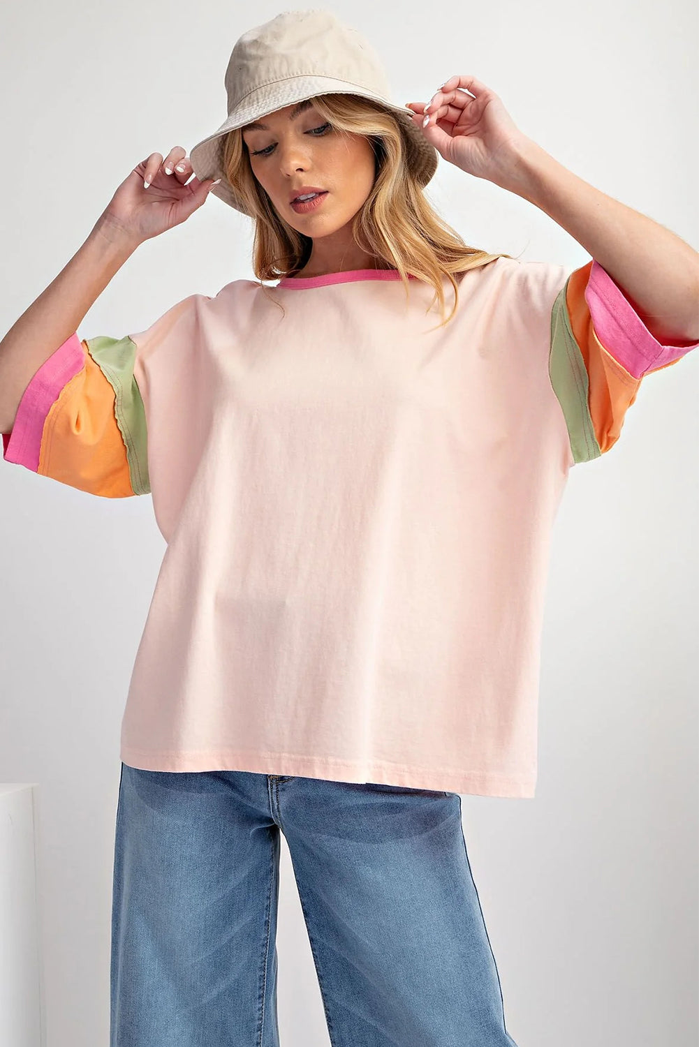 Pink Color Block Sleeve Round Neck Oversize Top-ETA Ship Date 5/23