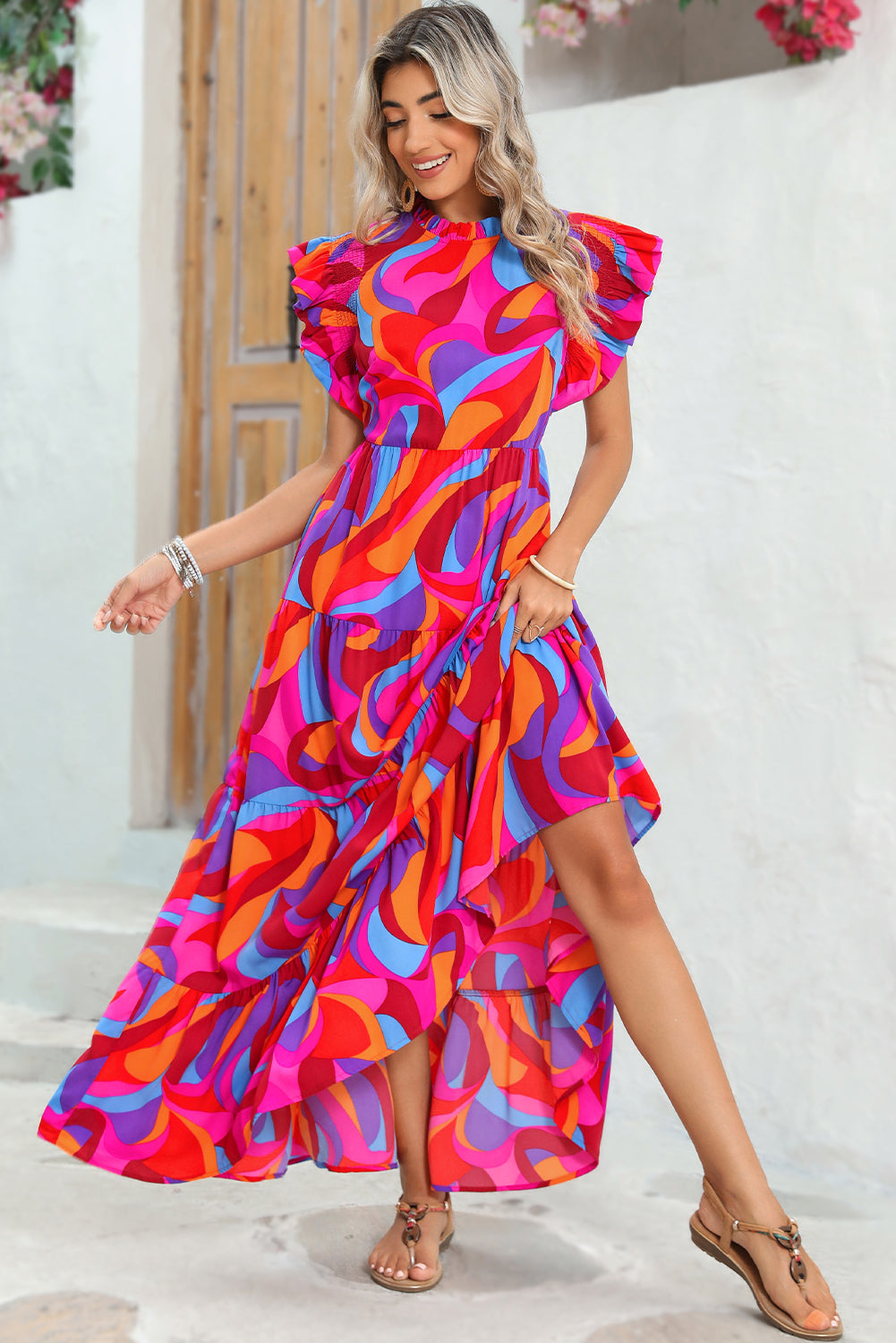 Orange Abstract Print High Waist Ruffle Tiered Maxi Dress