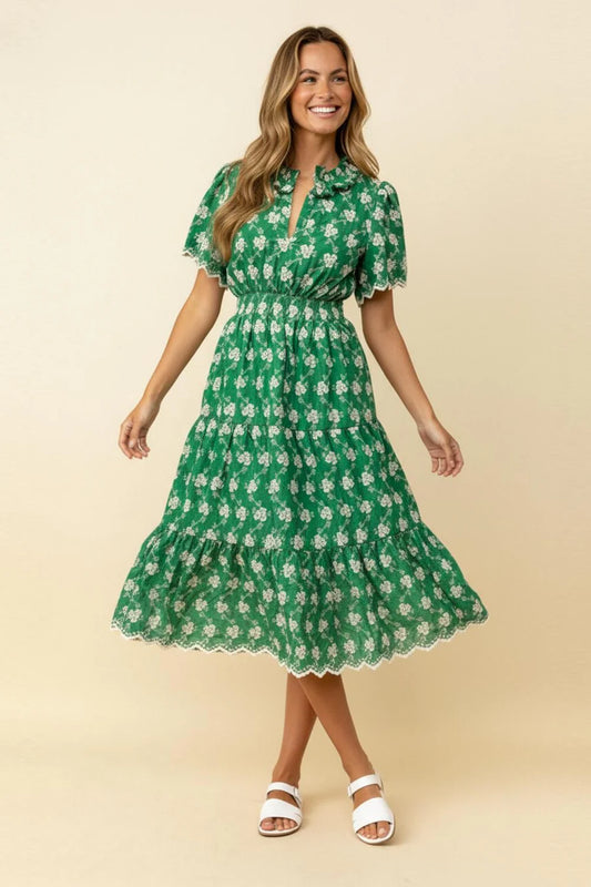 GREEN RUFFLE NECK EMBROIDERY SCALLOP HEM DRESS-PREORDER