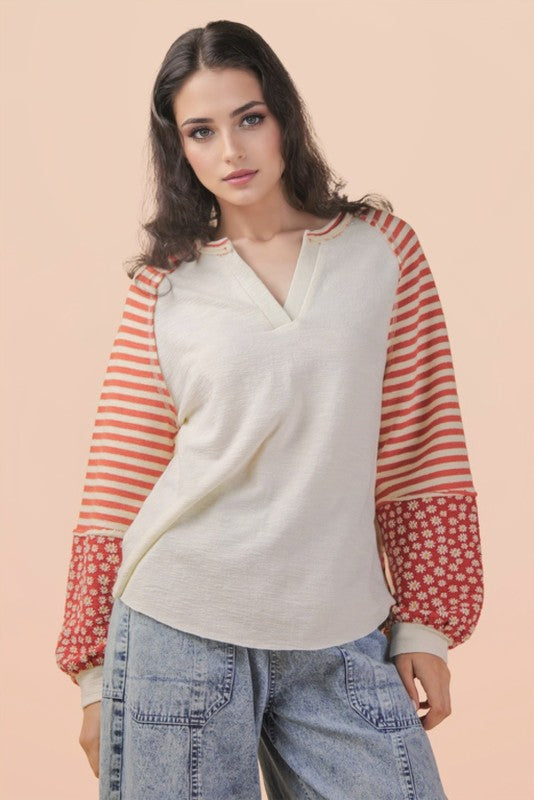 Spring Cream Floral & Stripes Knit Top