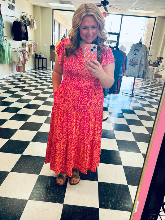 Haptics Coral Abstract Collared Maxi Dress