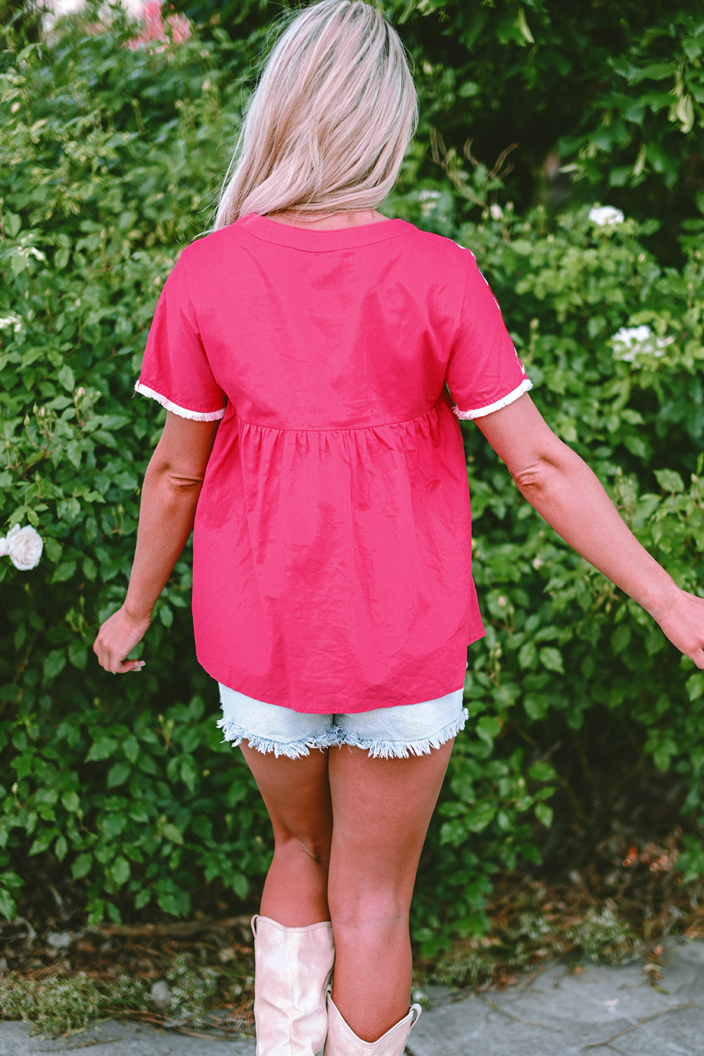 Geometric Embroidered Tassel Tie V Neck Blouse