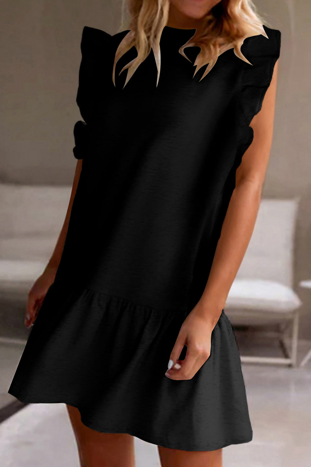 Solid Color Ruffle Hem Mini Sweatshirt Dress