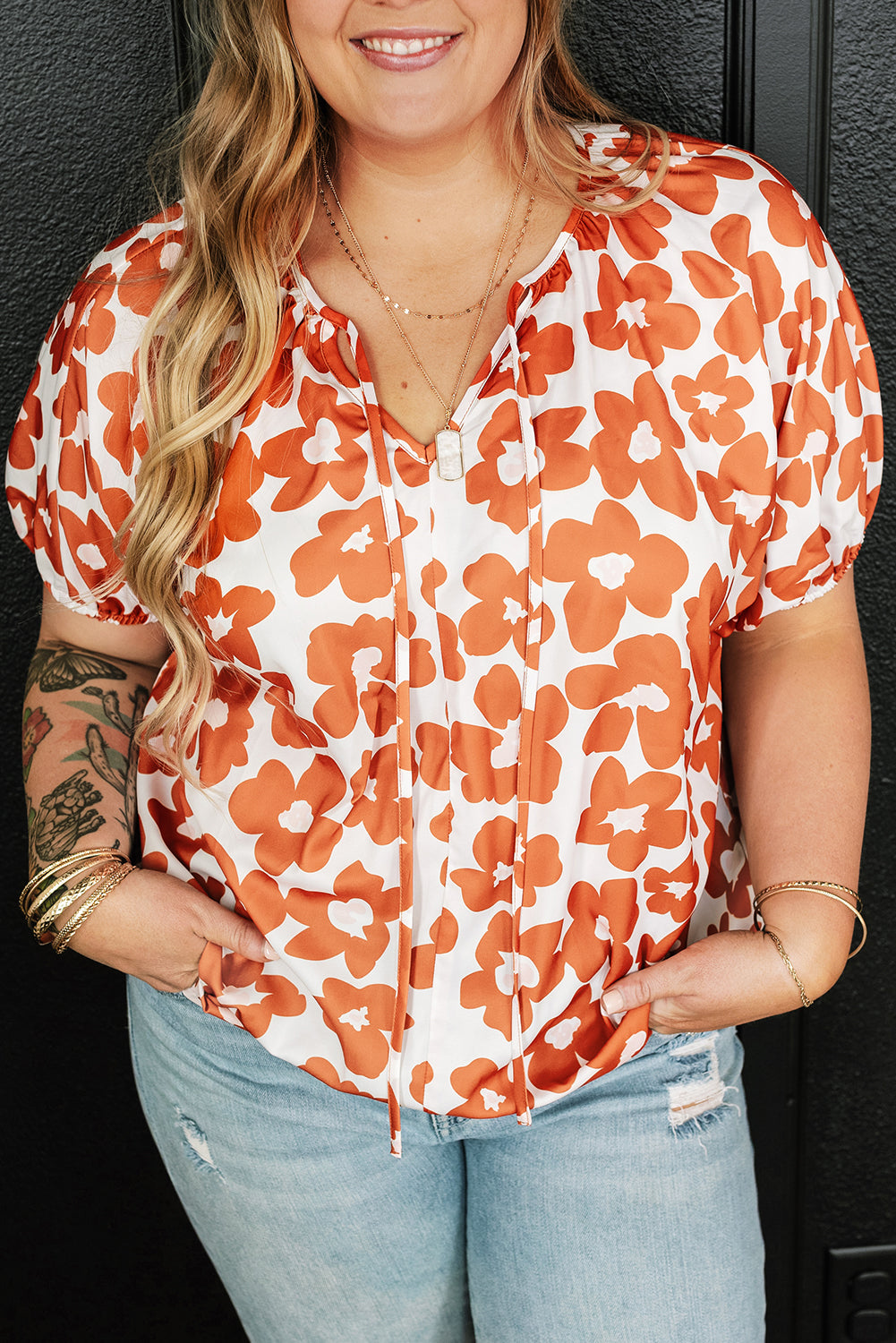 Orange Floral Print Drawstring V Neck Short Sleeve Blouse