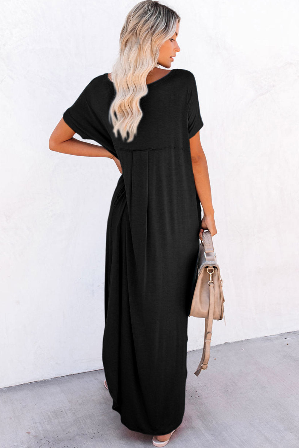 Solid Color Hidden Pocket V Neck Slit Maxi Dress