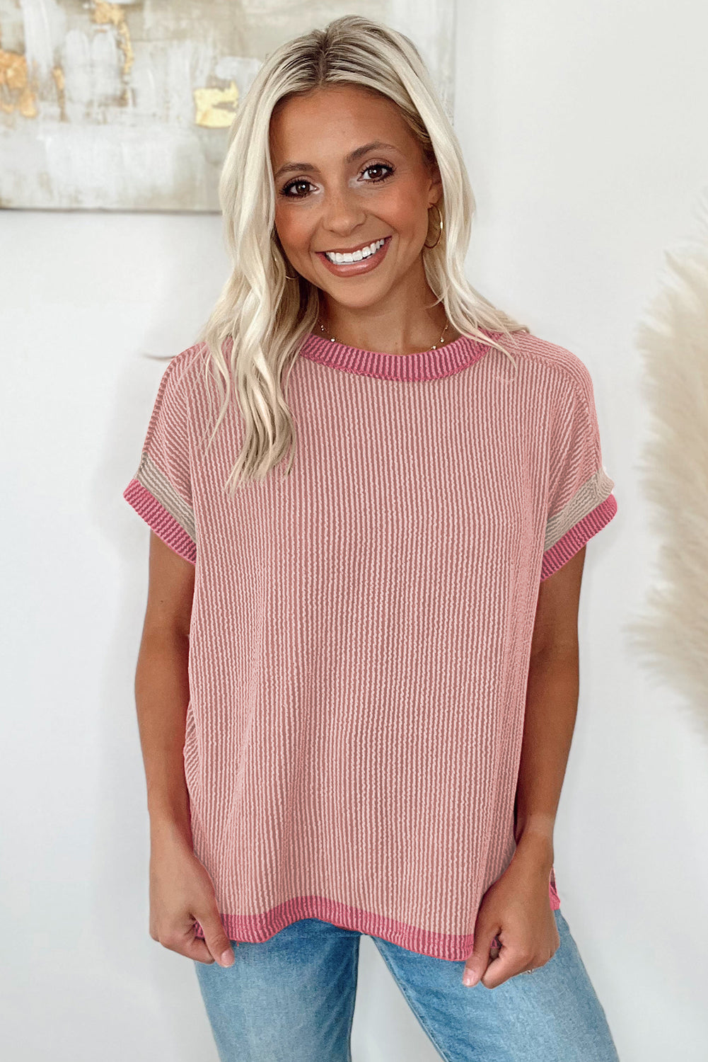 Bright Pink Textured Contrast Color Round Neck T Shirt