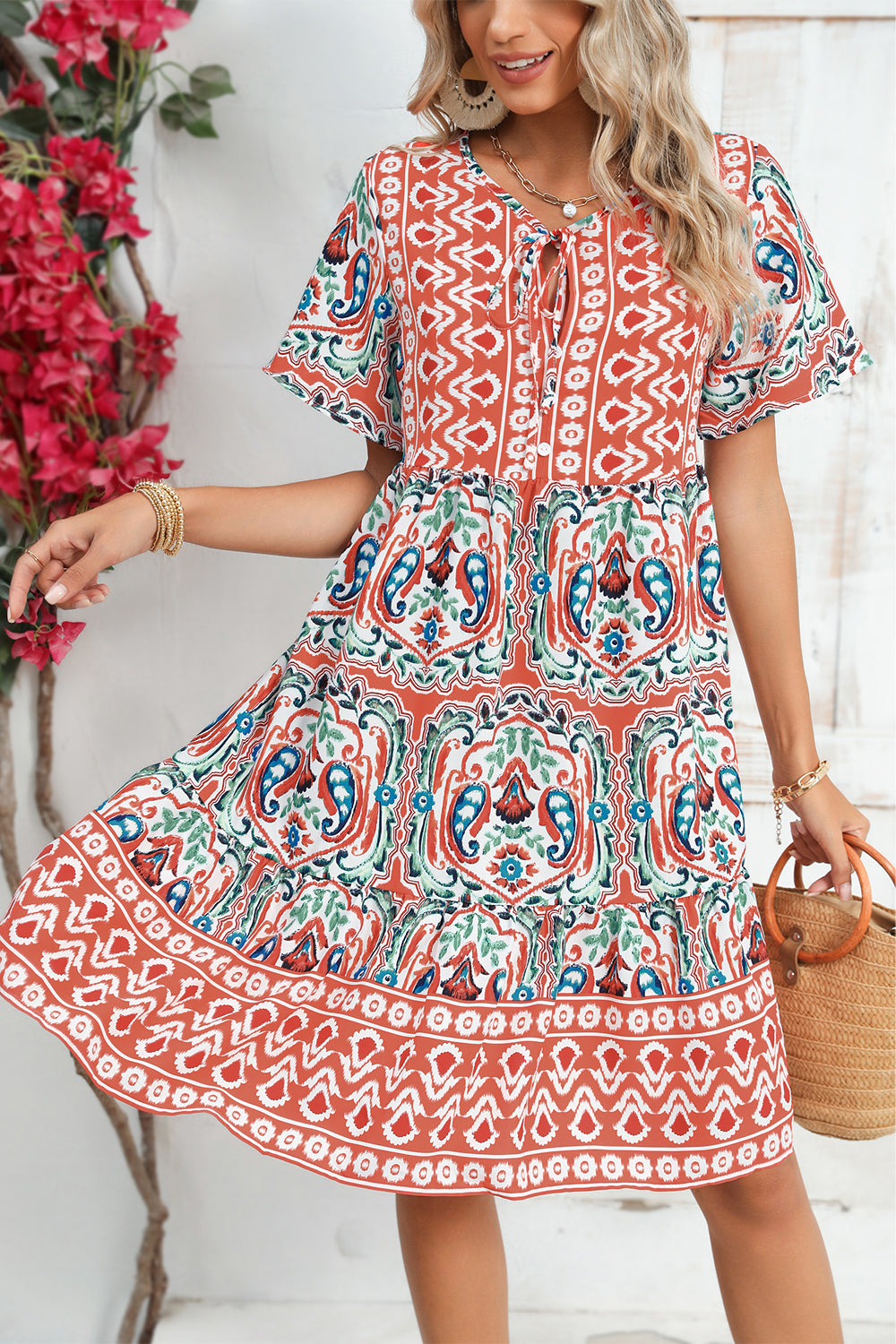 Bohemian Tie Neck Flounce Sleeve Ruffle Hem Mini Dress