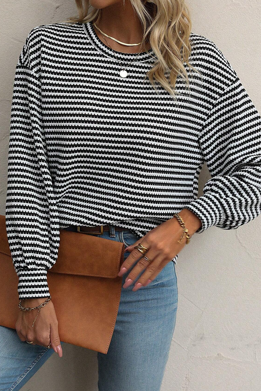 Khaki Stripe Round Neck Drop Shoulder Long Sleeve Top