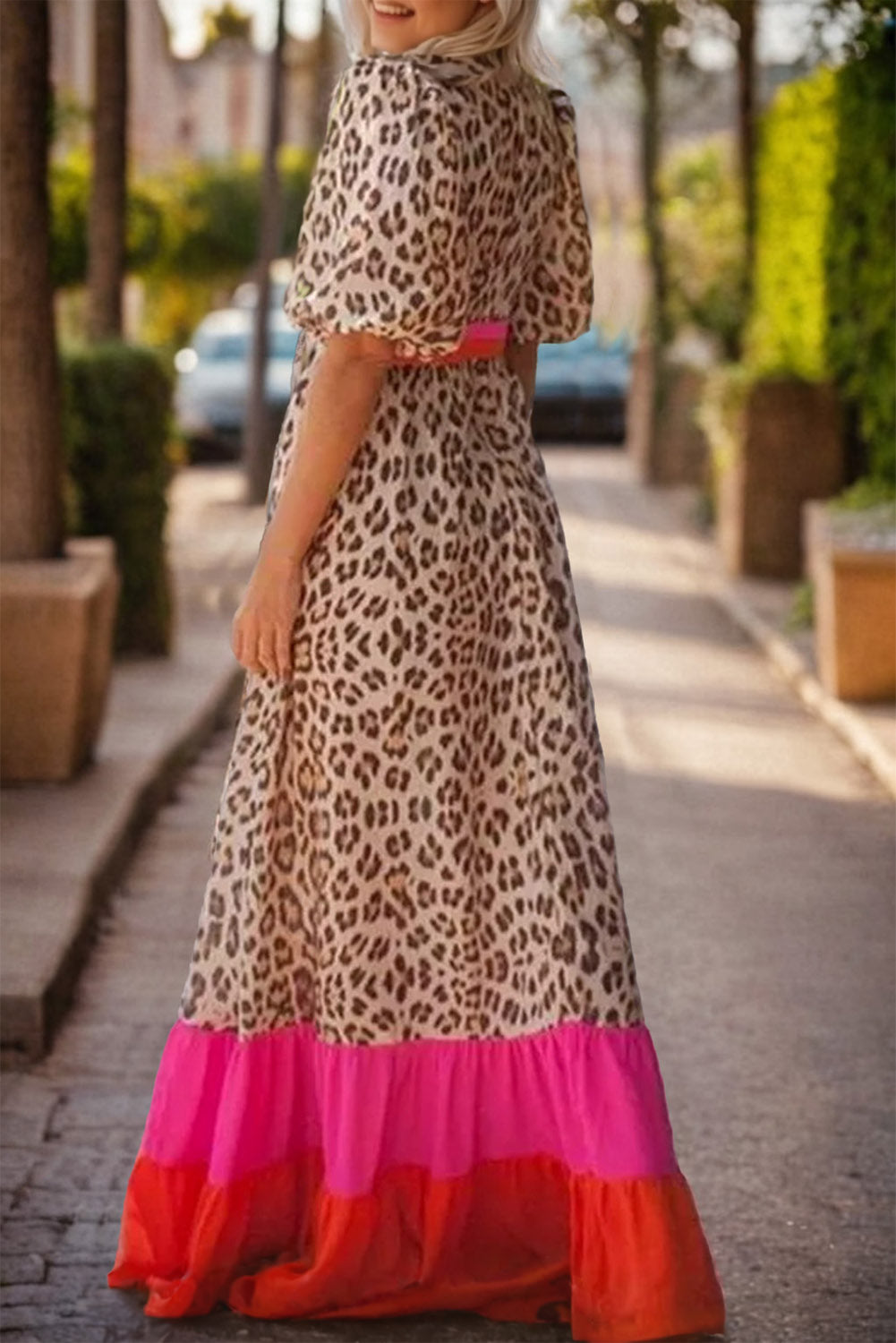 Bright Pink V-neck Leopard Print Colorblock Maxi Dress