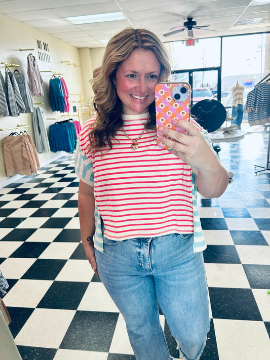 Coral/Mint Stripe Color Block Top