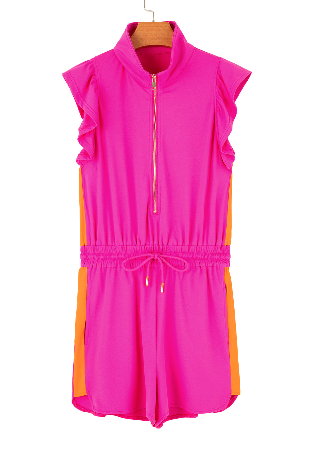 Rose Red Half Zip Ruffle Sleeve Drawstring Romper