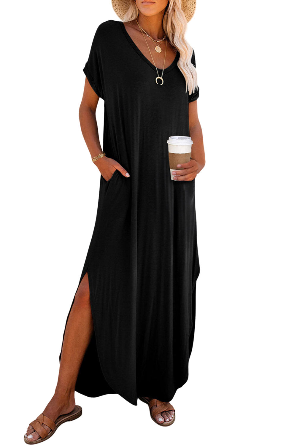 Solid Color Hidden Pocket V Neck Slit Maxi Dress