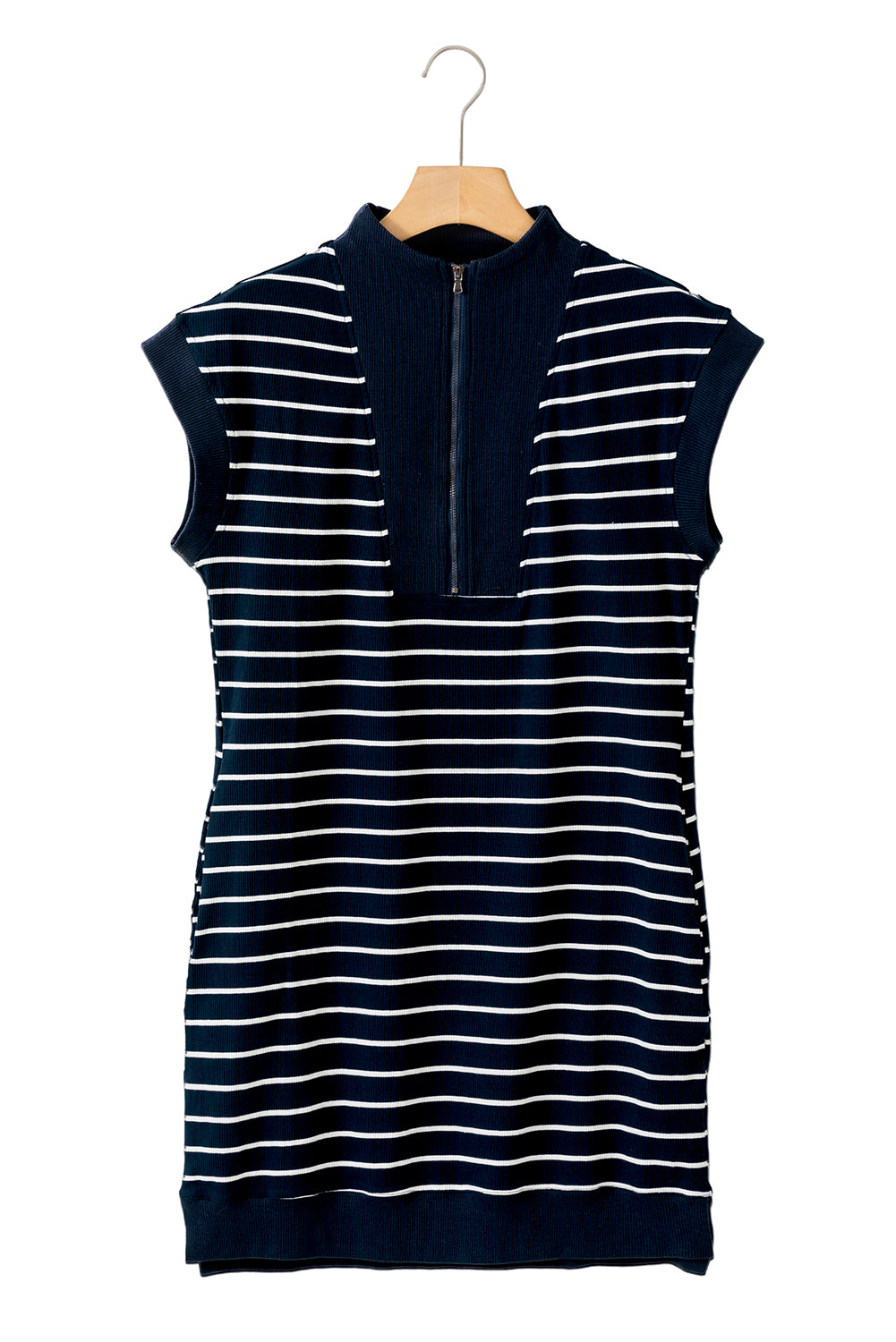 Striped Zip Collar Patchwork Ribbed Mini Dress