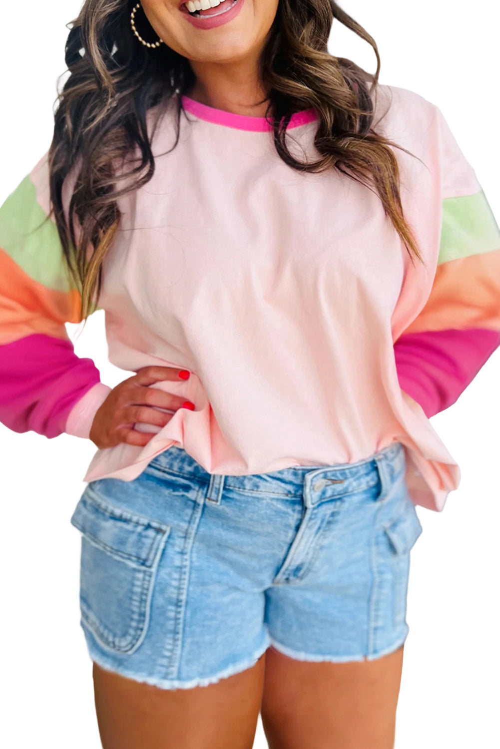 Pink Colorblock Patchwork Long Sleeve Top