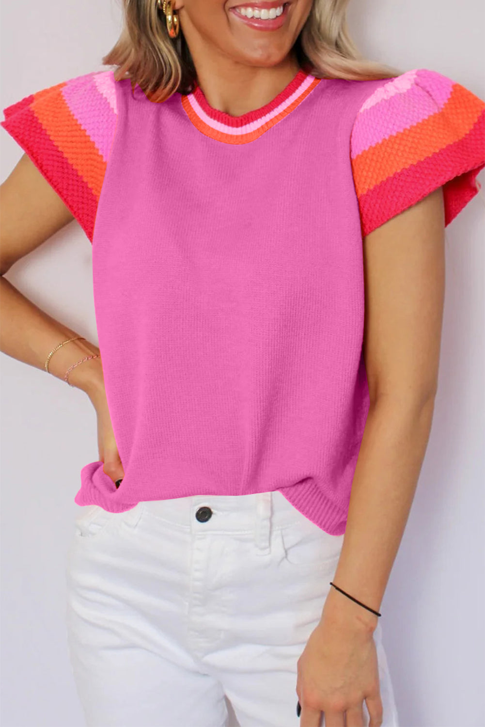 Color Striped Sleeve Knitted Tee