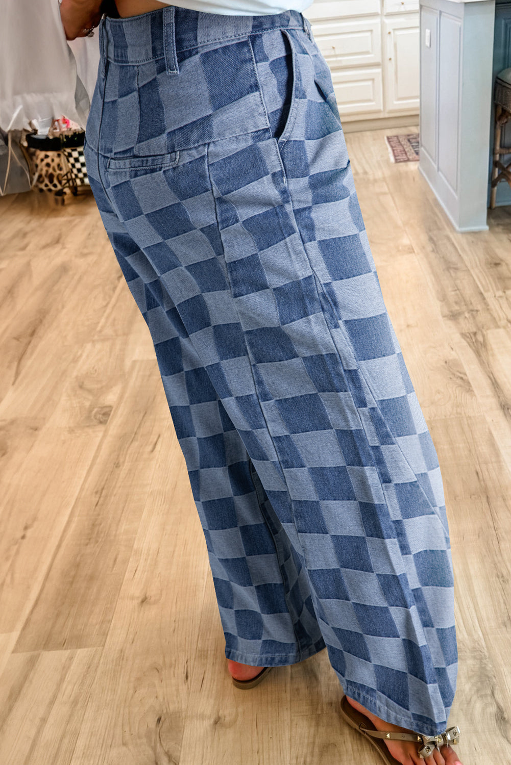 Checkered Light Washed Wide Leg Jeans