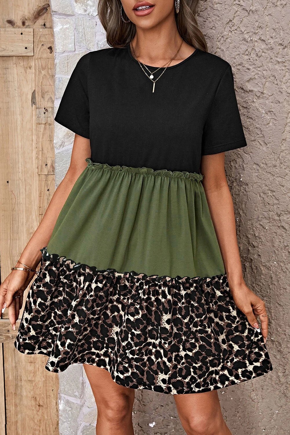 Leopard Print Colorblock Frill Trim T-shirt Dress