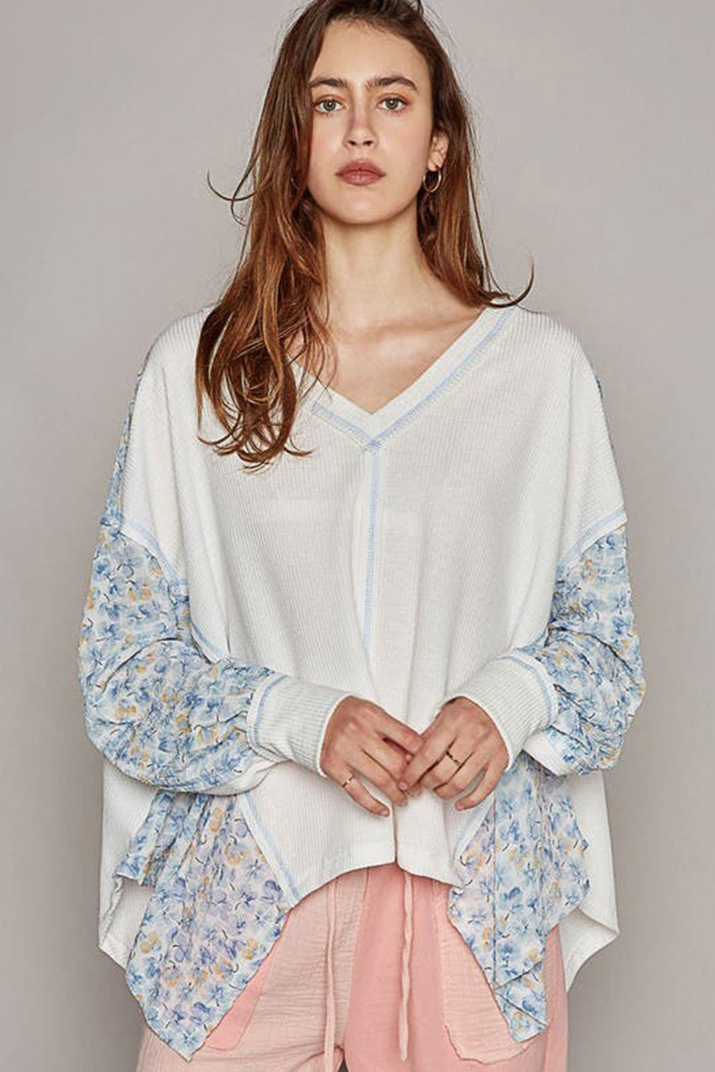 White Abstract Patchwork Waffle V Neck Dolman Top