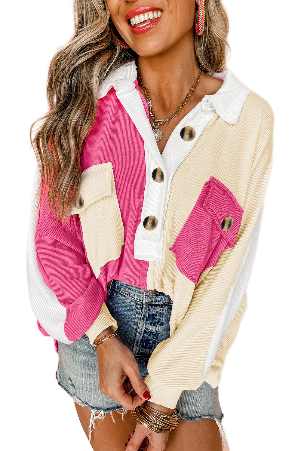 Rose Red Colorblock Patchwork Ribbed Oversized Henley Sweatshirt