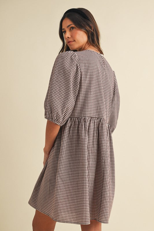BROWN GINGHAM CHECK FRONT BOW DETAIL DRESS