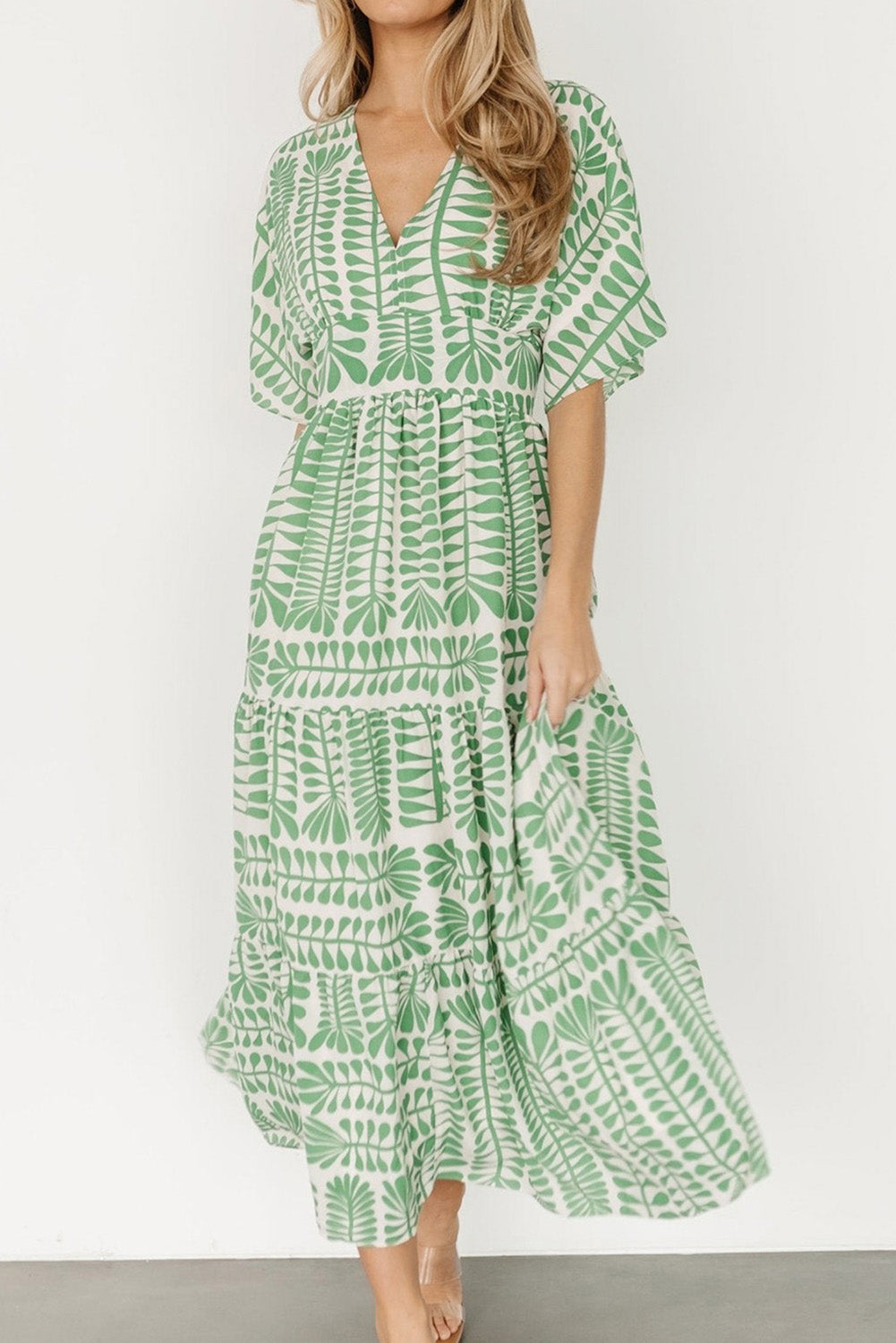 Grass Green Bohemian Leaves Print High Waist Midi Dress