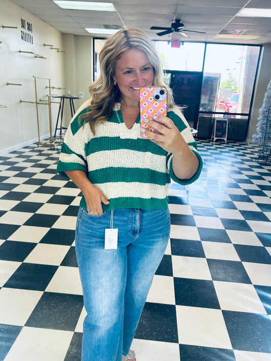 ZENANA SPLIT NECK STRIPE SWEATER