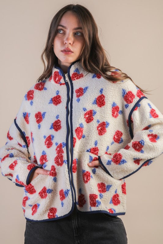 Floral Print Fleece Sherpa Jacket