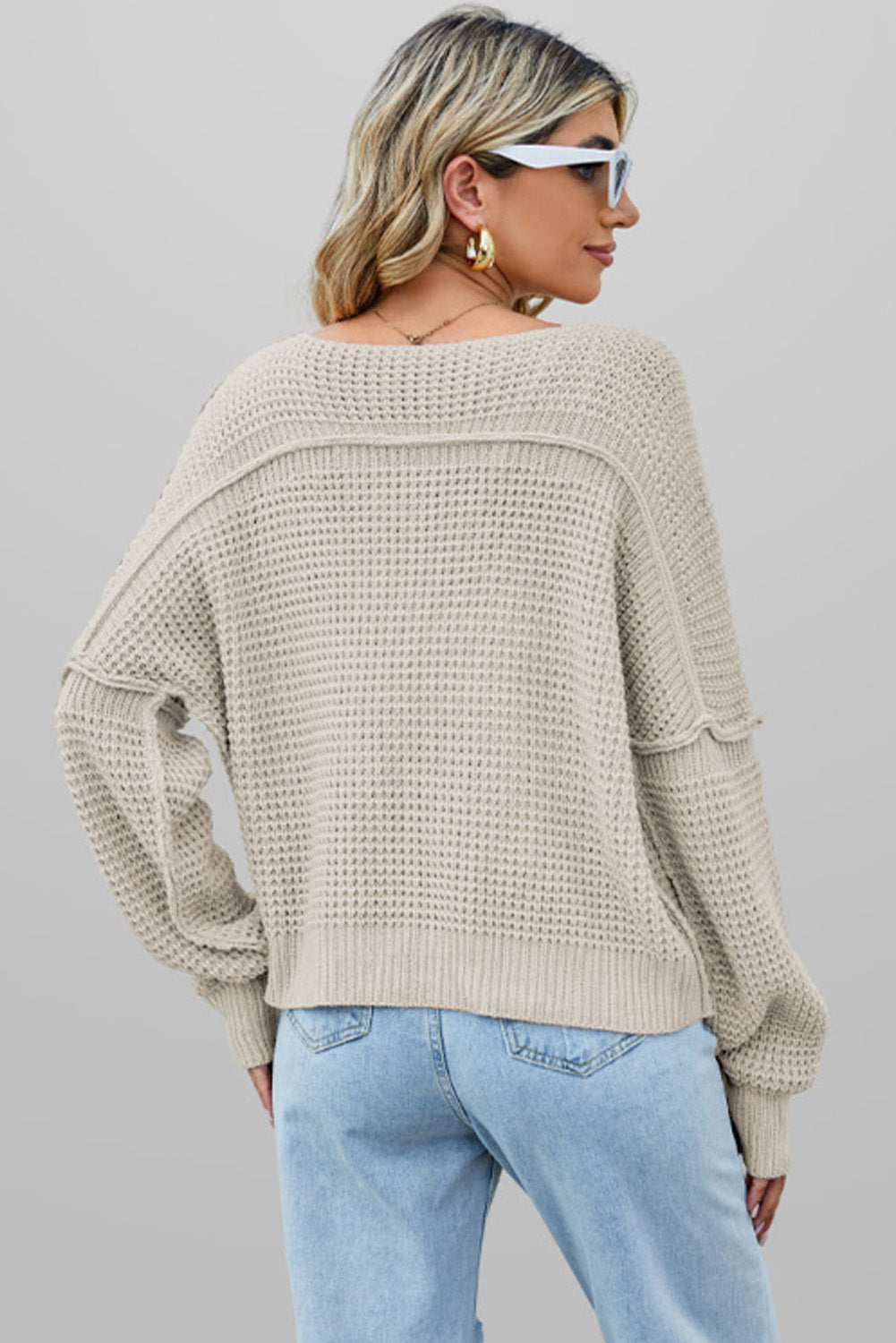 Waffle Knit V Neck Sweater