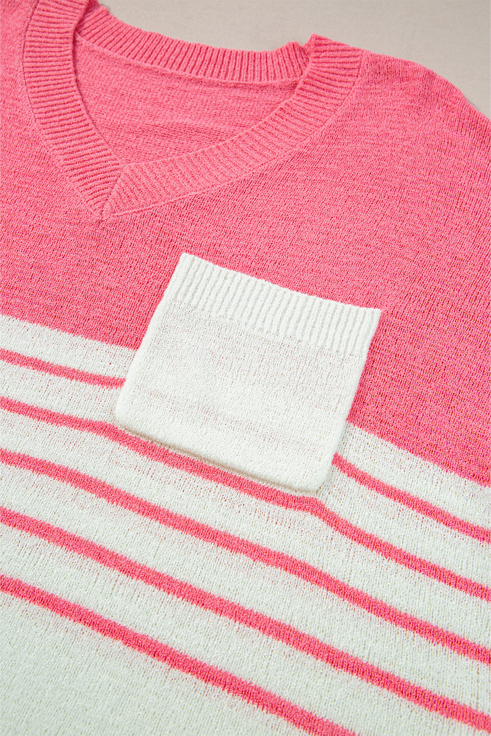 Strawberry Pink Striped Colorblock V Neck Knitted T Shirt