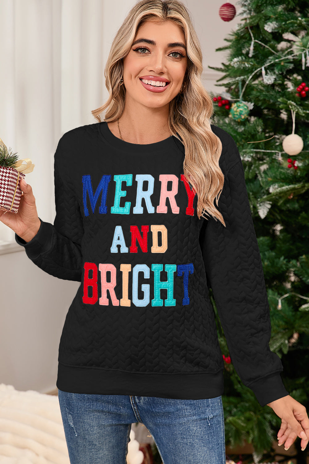 Blackish Green Merry And Bright Quilted Sweatshirt