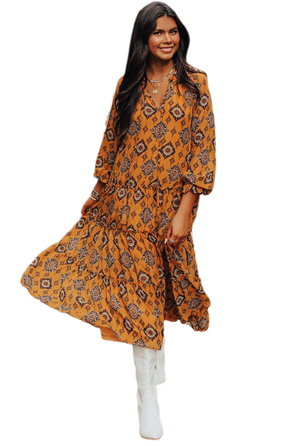 Orange Geometric Print Frilled Loose Fit Dress