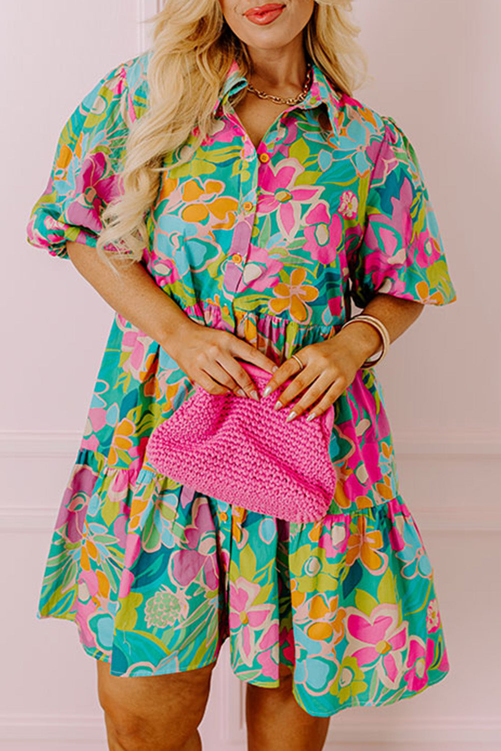 Plus Floral Print Puff Sleeve Tiered Shirt Dress